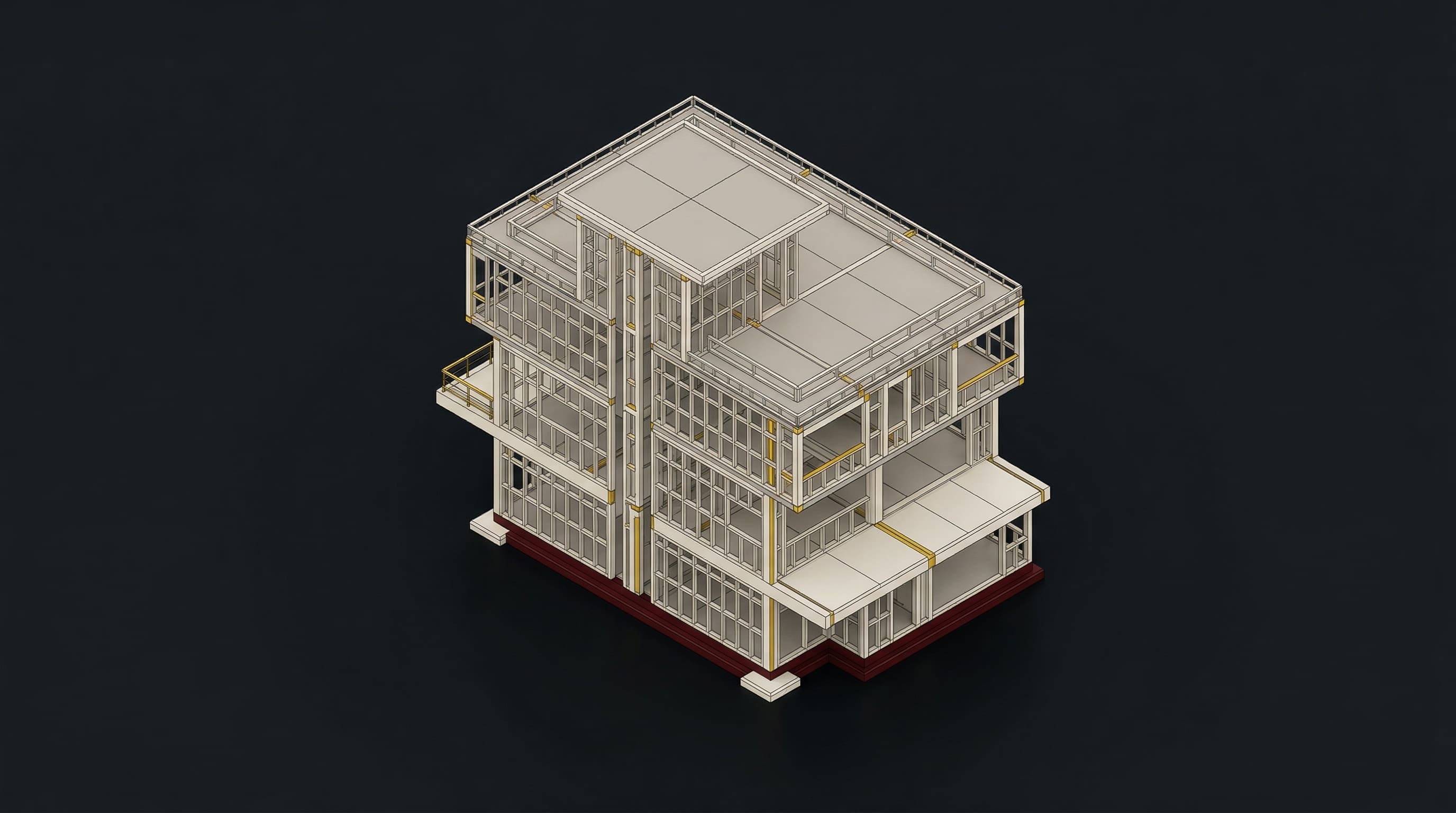 23D coordination model, a multi-story building on a dark background.